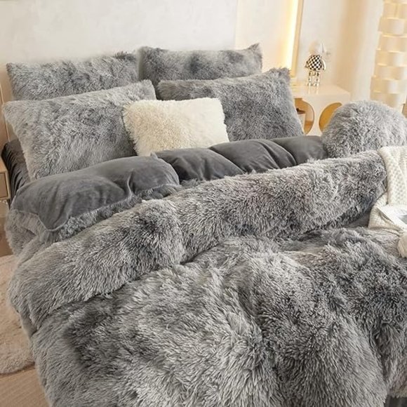 QUEEN ONLY   Fluffy  Comforter Cover Set Faux Fur Green Bedding 3 Pieces… - Picture 9 of 15